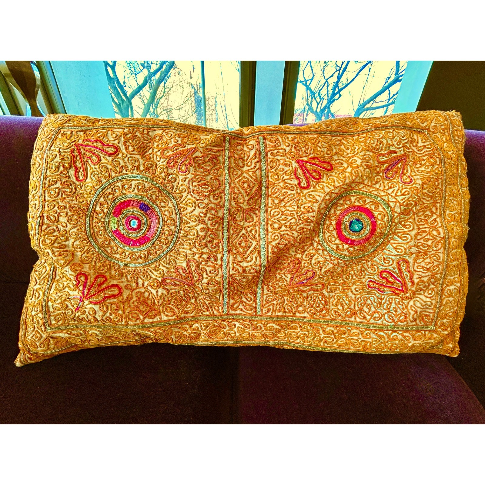 Antique Richly Embroidered Pillow. Bokanos from the Thar Desert in India.