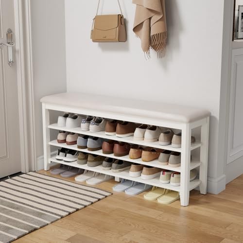  Shoe Bench with Leather Cushion, 3 Tiers Shoe Storage Bench Height 47.2" White