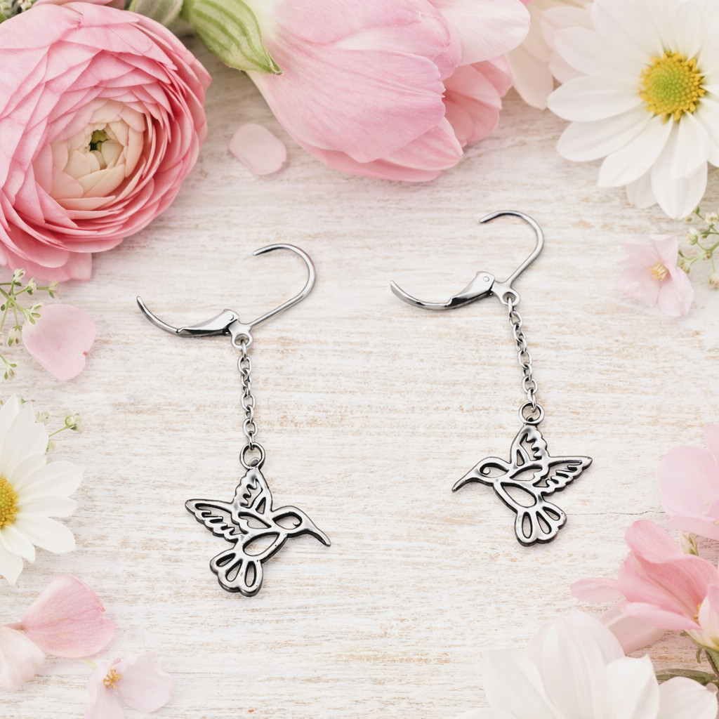 Hummingbird Charm Dangle Earrings - Lever Back Closures
