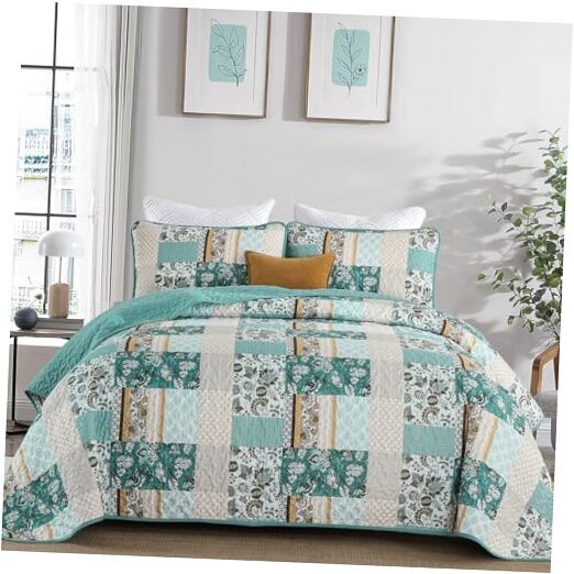  3 Pieces Quilt Set Size Patchwork Plaid Bedspread Coverlet Set, King Teal