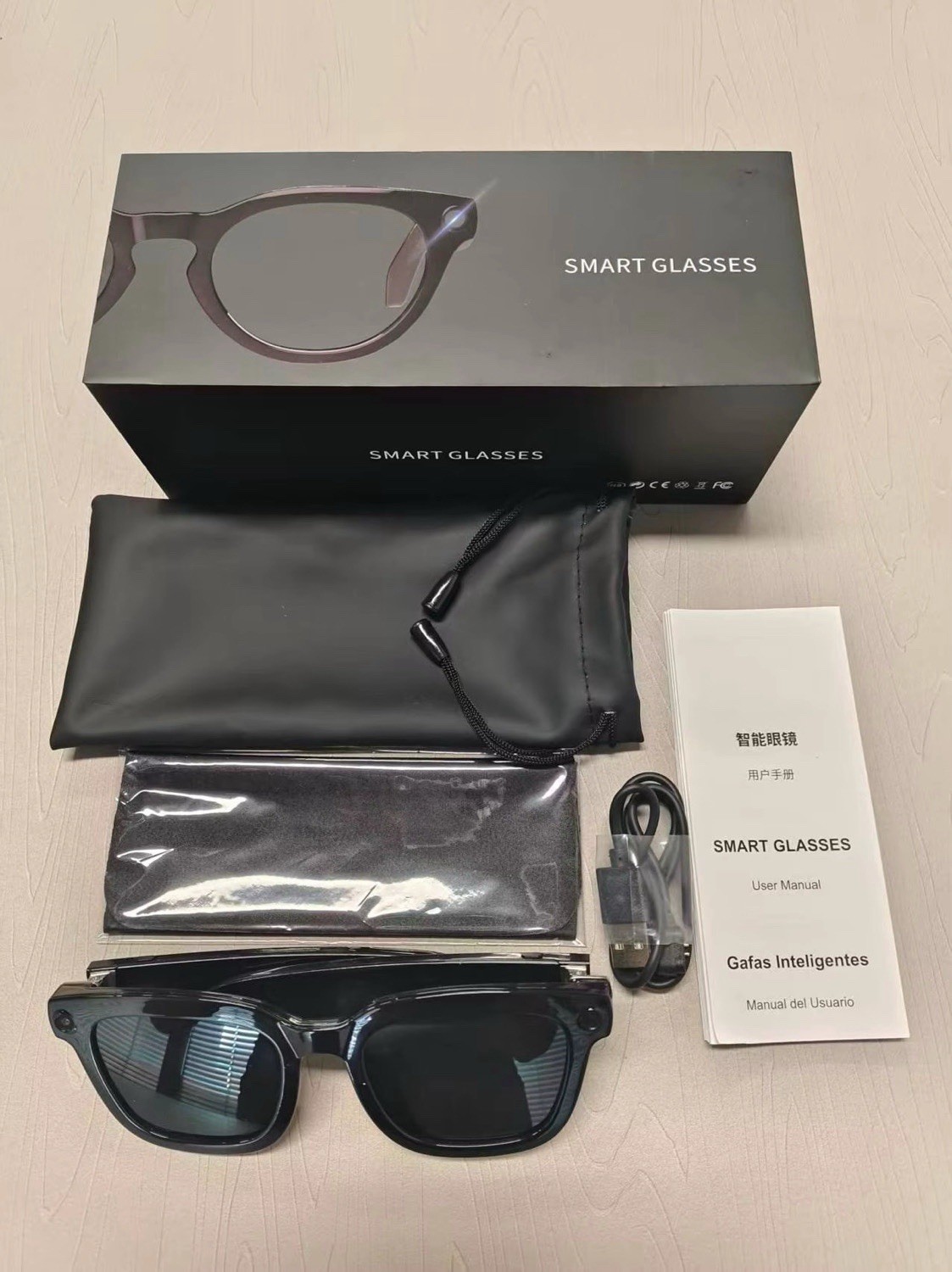 Smart Glasses Black USB Connectivity Camera with Accessories and User Manual