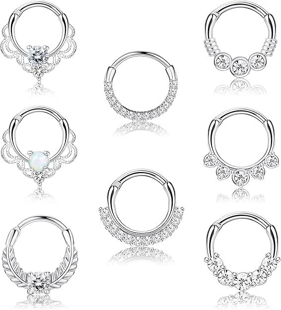 8PCS 16G Septum Clicker Ring Stainless Steel CZ Opal Cartilage Helix Tragus Hoop