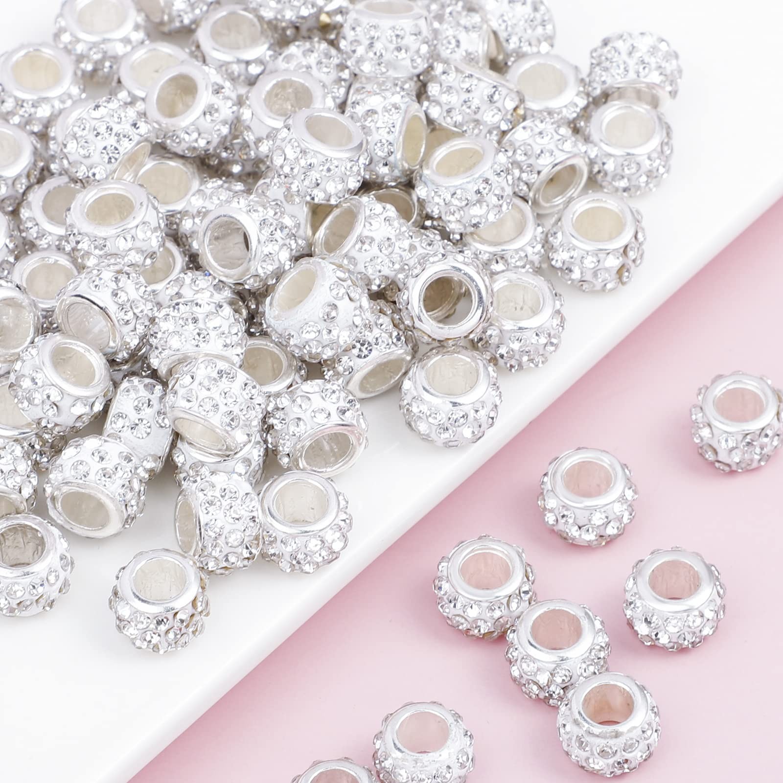 200 PCS European Large Hole Beads Rhinestone White 200pcs, Colors 