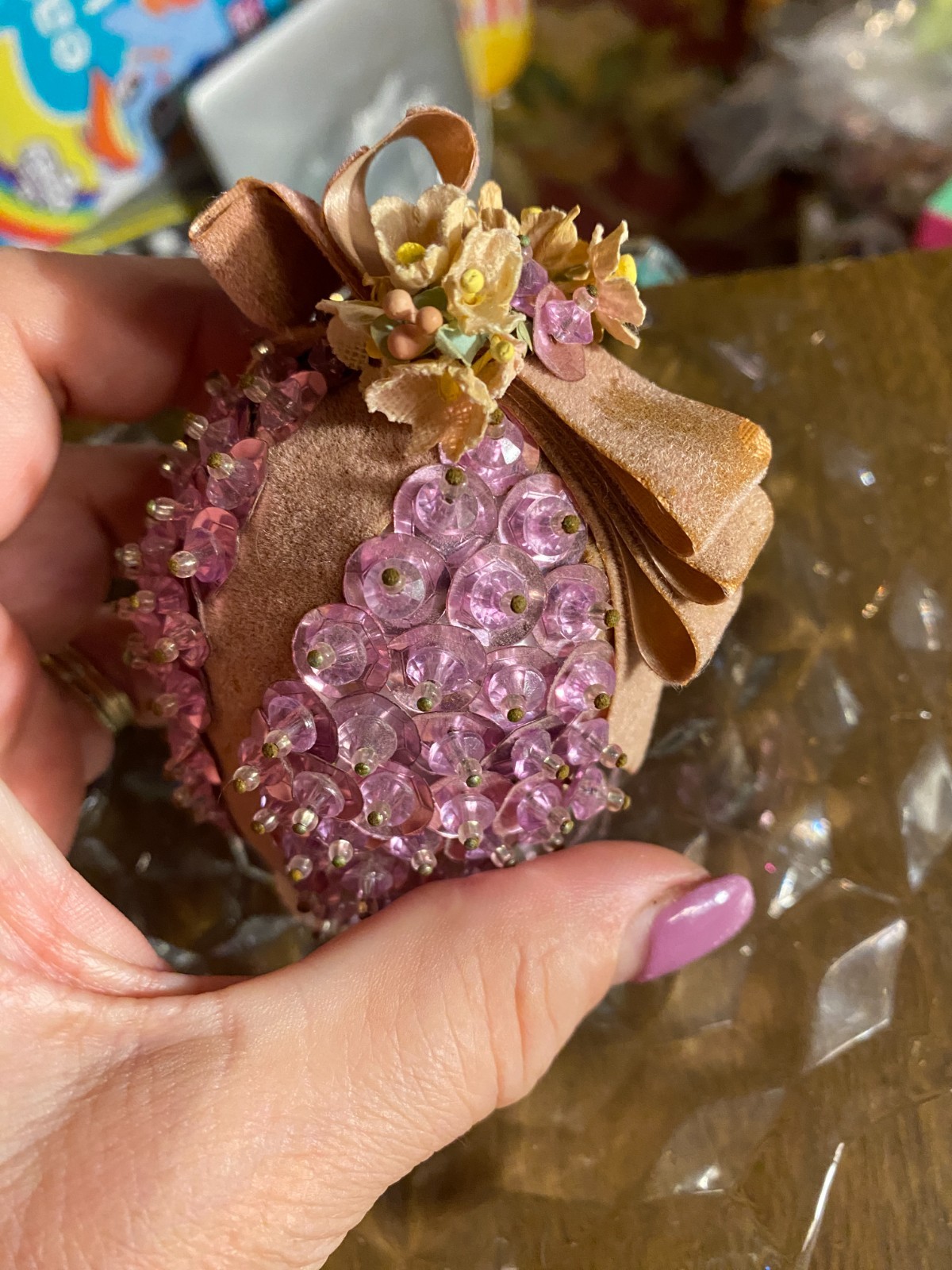 Vintage Push Pin Purple Egg Shaped Christmas Ornament 4"