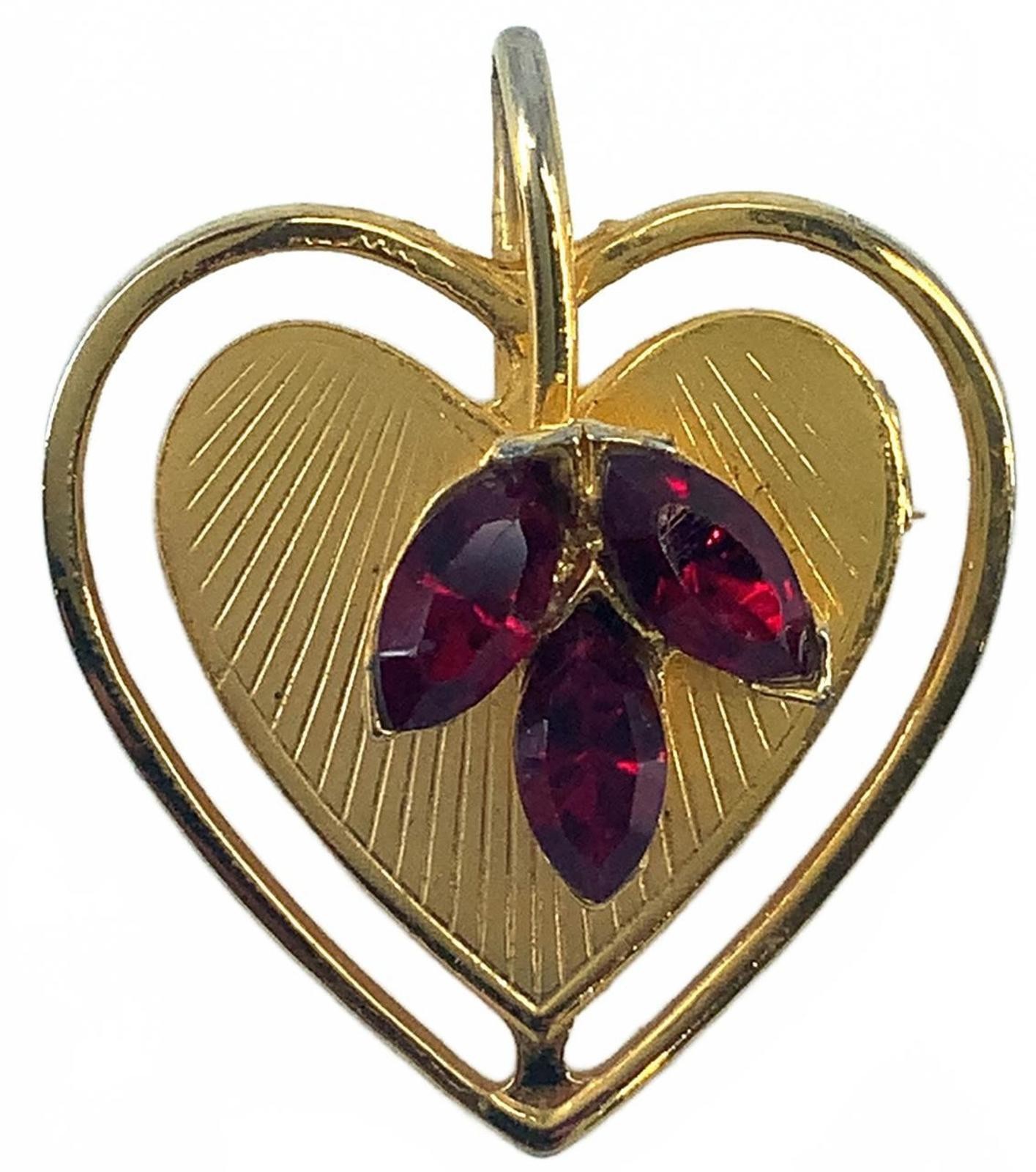 Vintage Gold Tone Red Rhinestone Heart Brooch Pendant Mid Century Small Pin