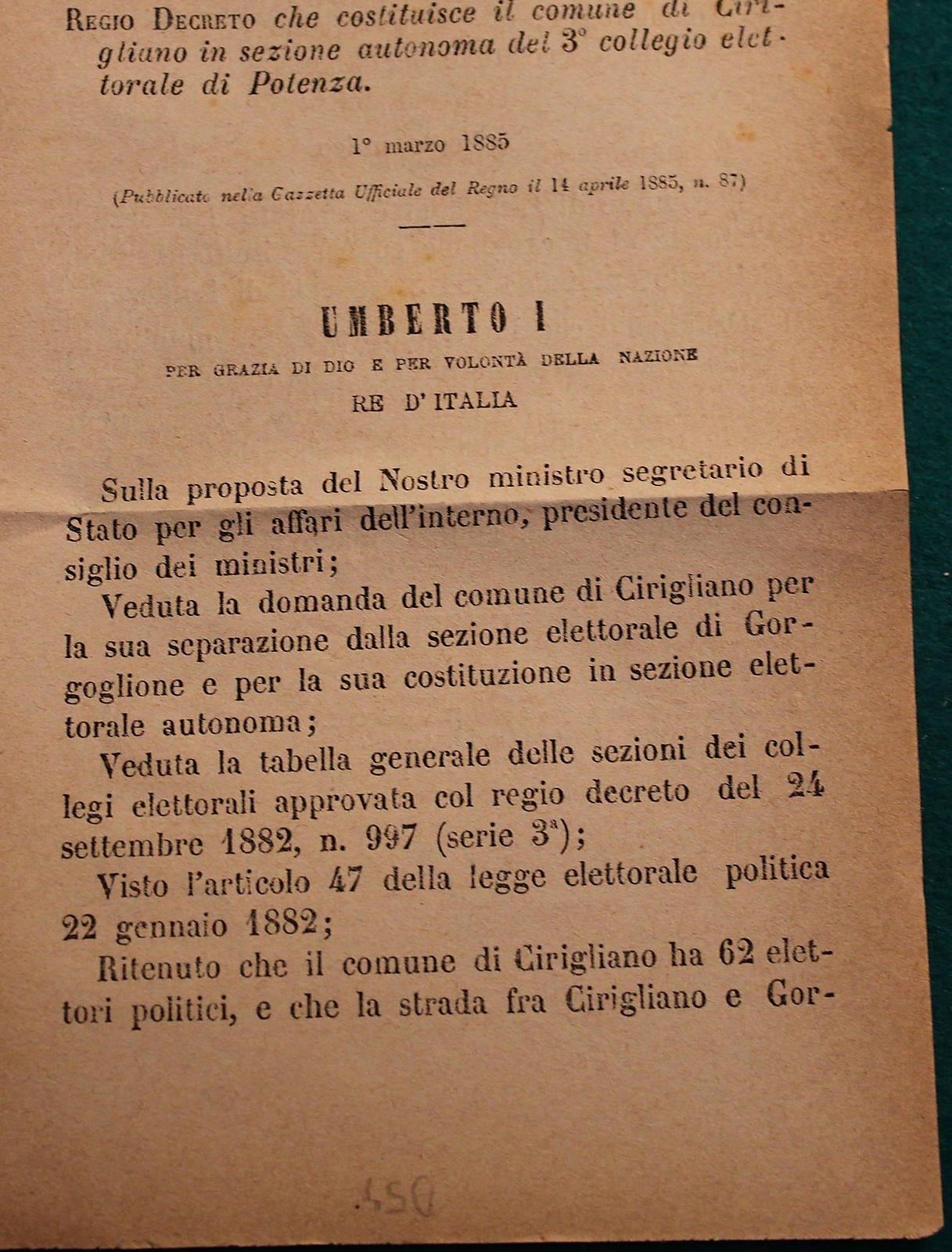 ROYAL DECREE - Constituted Cirigliano in autonomous electoral section - 383