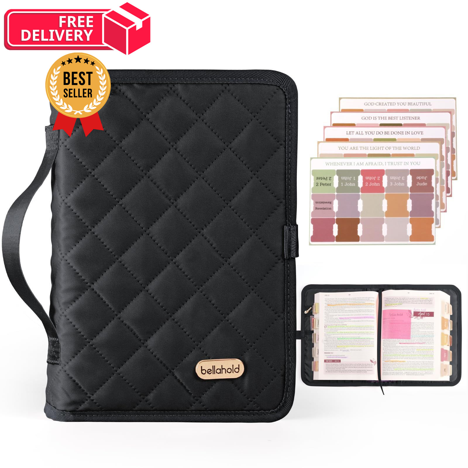 BellaHold Adjustable Bible Cover with 75 Tabs - Case Black 