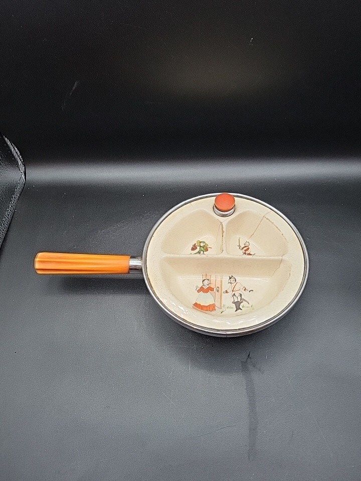 Vintage 1940's Excello Chromium Porcelain Baby Warming Dish Bakelite Handle Knob