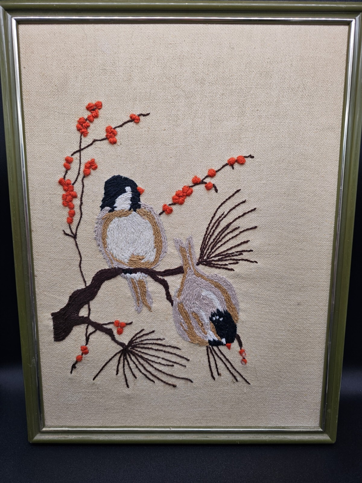 Vintage Chickadee Birds On Branch Winter Scene Crewel Embroidery Framed 12 X 17