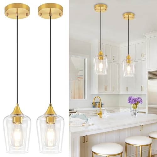 2 Pack Brushed Gold Pendant Lights Kitchen Island, Glass Pendant 2-Pack Gold