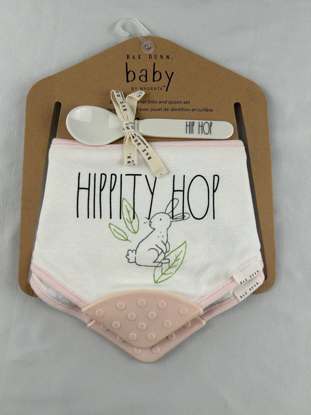 Rae Dunn Baby Bib & Spoon Set Hippity Hip Hop Bandana Teether Pink Easter Bunny