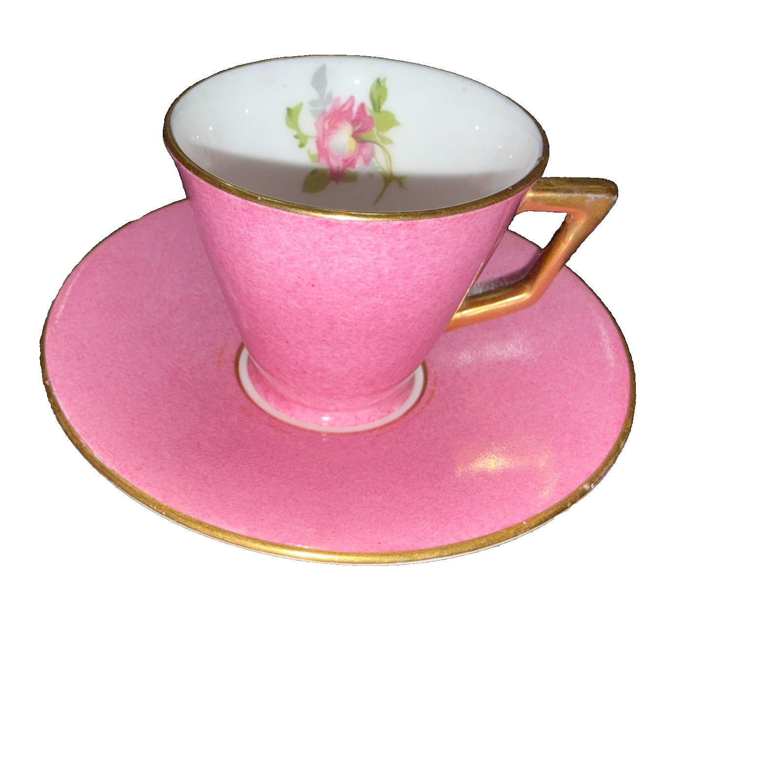 Vintage Crown Staffordshire Miniature Pink Porcelain Cup & Saucer Set Gold Trim