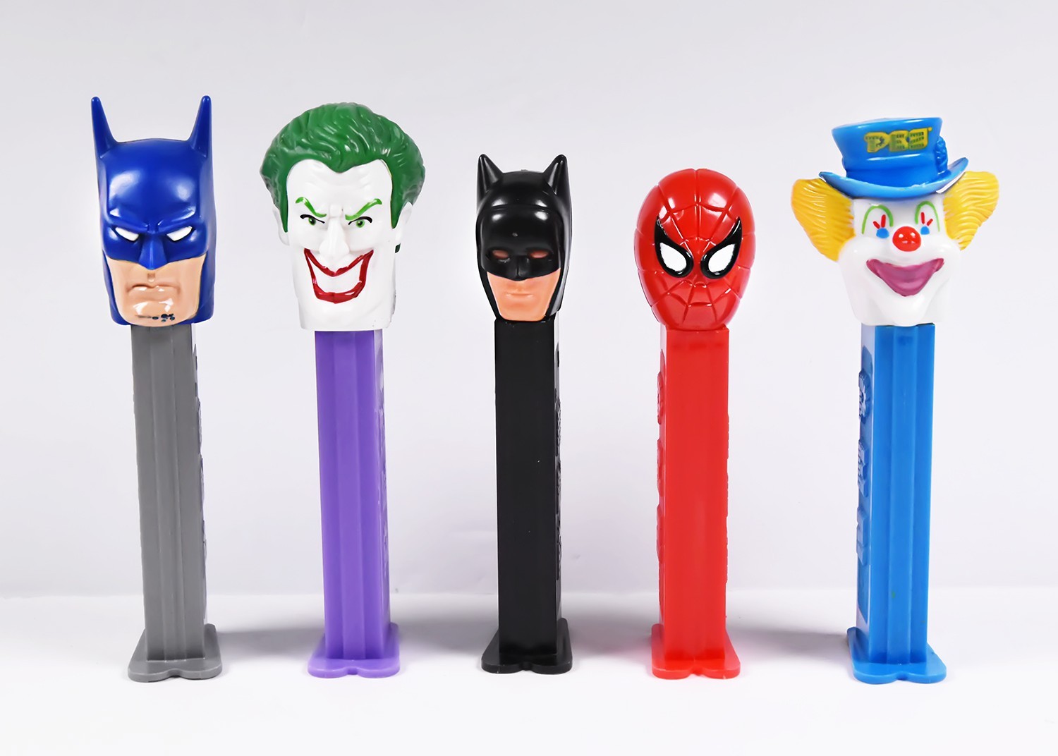 PEZ Dispenser Lot of 5 - Joker, Batman Blue, Bozo, Spiderman, Batman Black -Set3