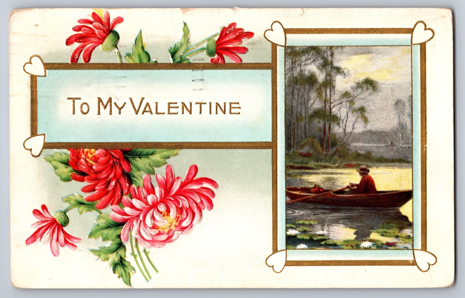 To My Valentine Man Rowing Boat Flowers Embossed 1910s Postcard