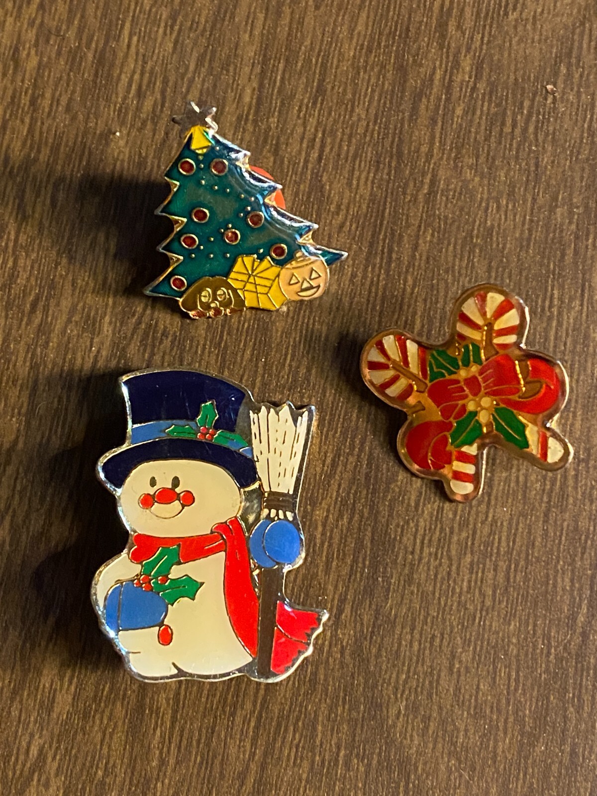 3 Vintage Enamel Snowman Candy Cane Tree Christmas Gold Tone Pins Brooch