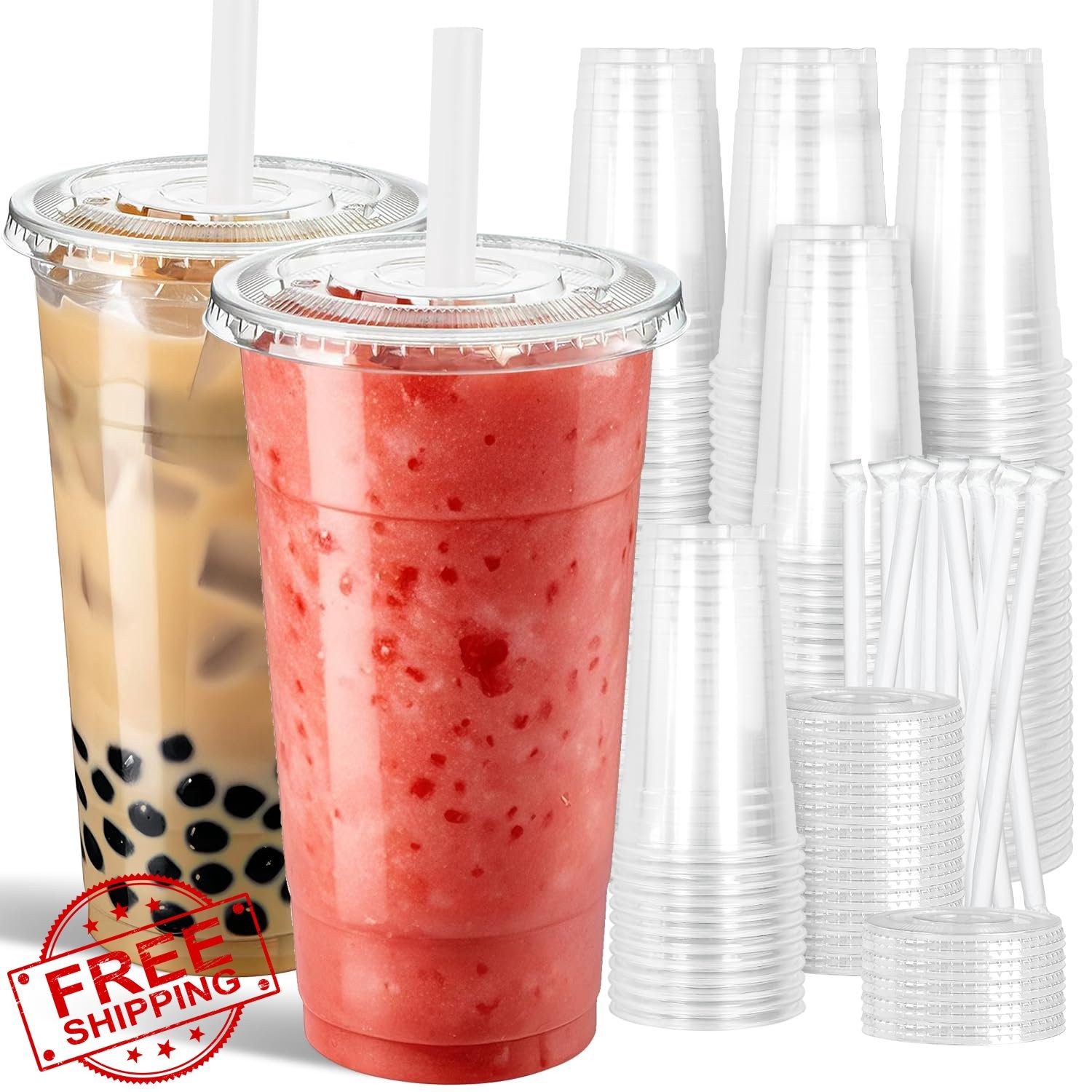 Ginkgo Clear Plastic Cups 32oz 50pk w/Lids Jumbo Straws Iced Coffee