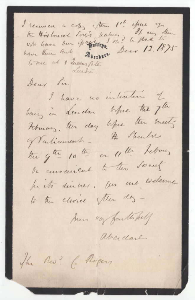 Henry Austin Bruce, 1st Baron Aberdare Signed Letter 1875 / Autographed