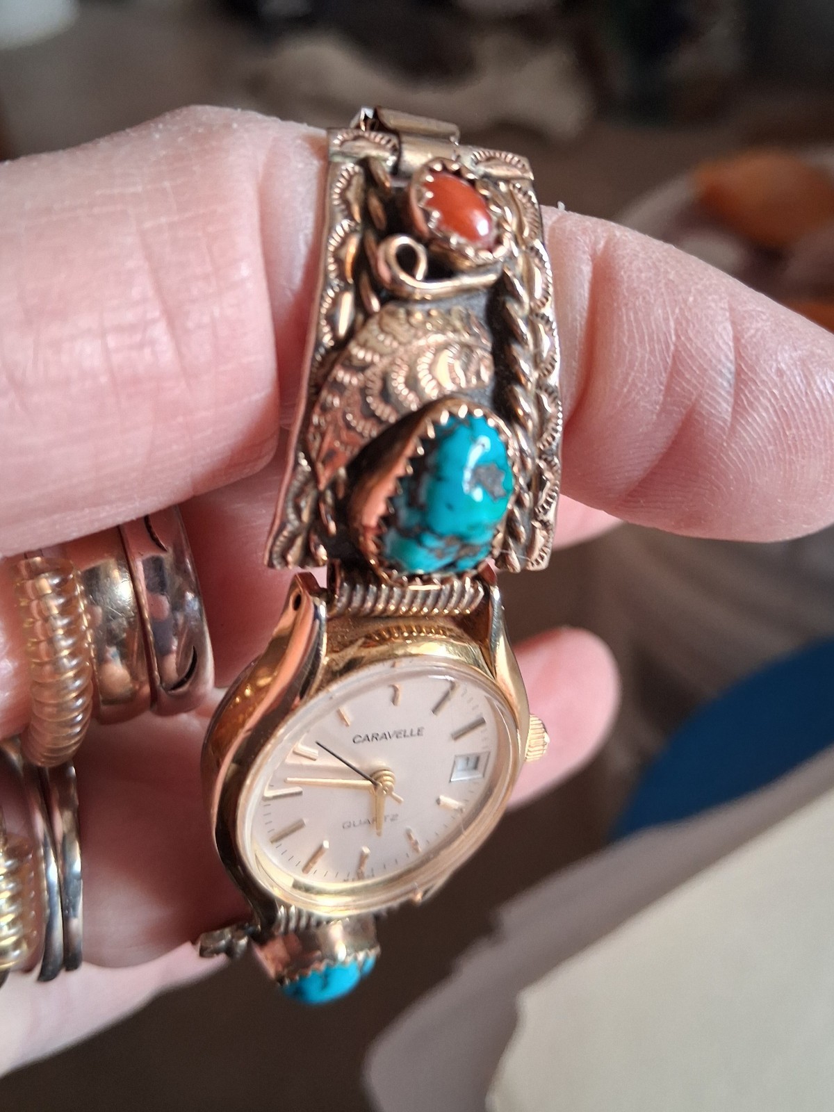 Navajo Made 12 k Gold-Filled Watch Tips Feature Turquoise and Coral Gem Stones
