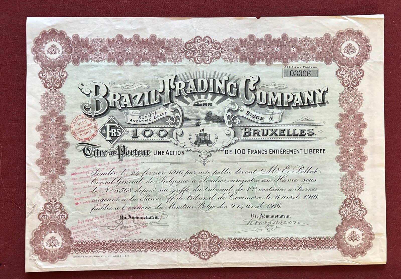 1916 Brazil Trading Company Stock Certificate w/Attached Coupons