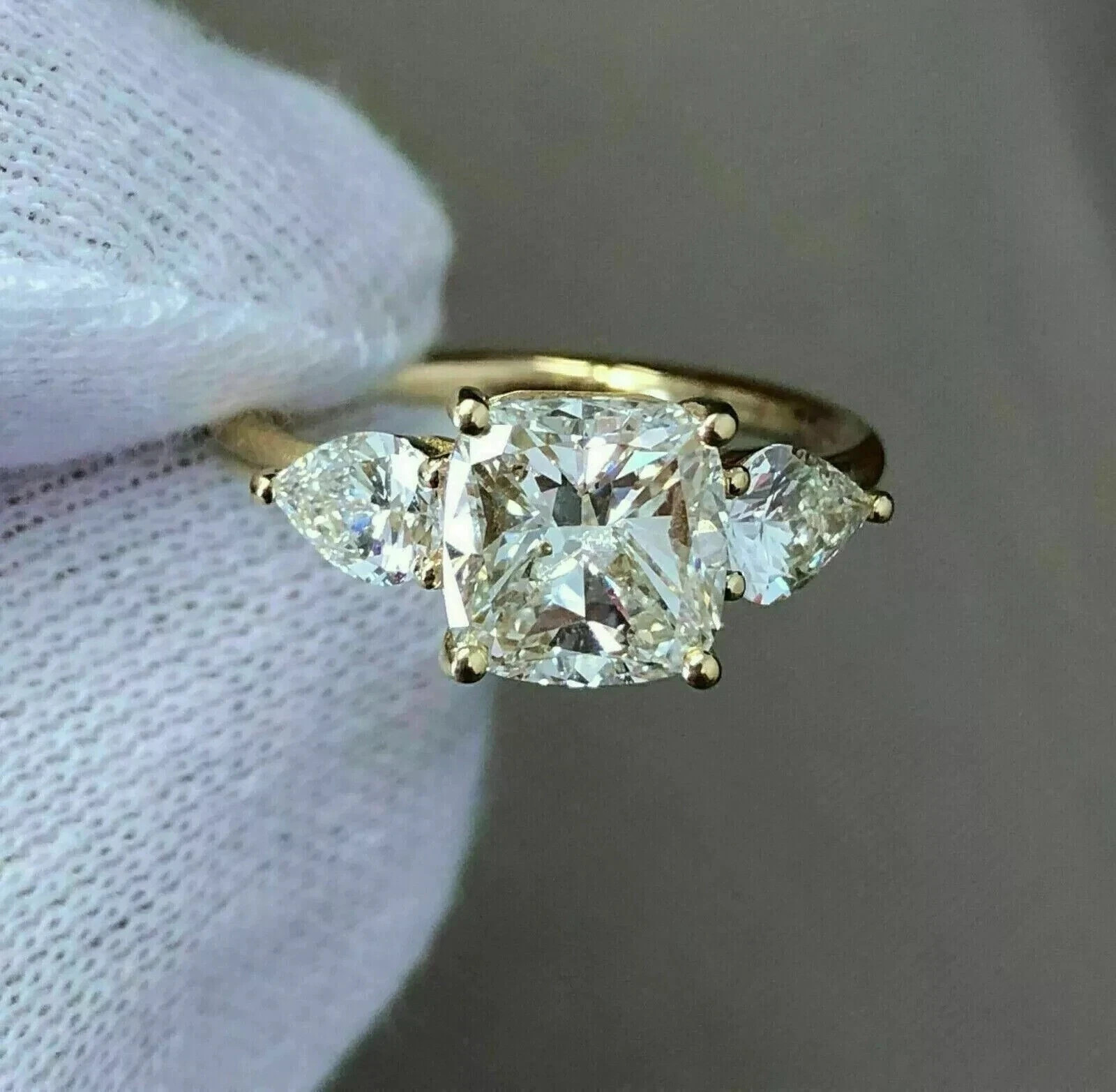 2 Ct Cushion Cut Lab Created Diamond 3 Stones Band Ring 14K Yellow Gold Plated