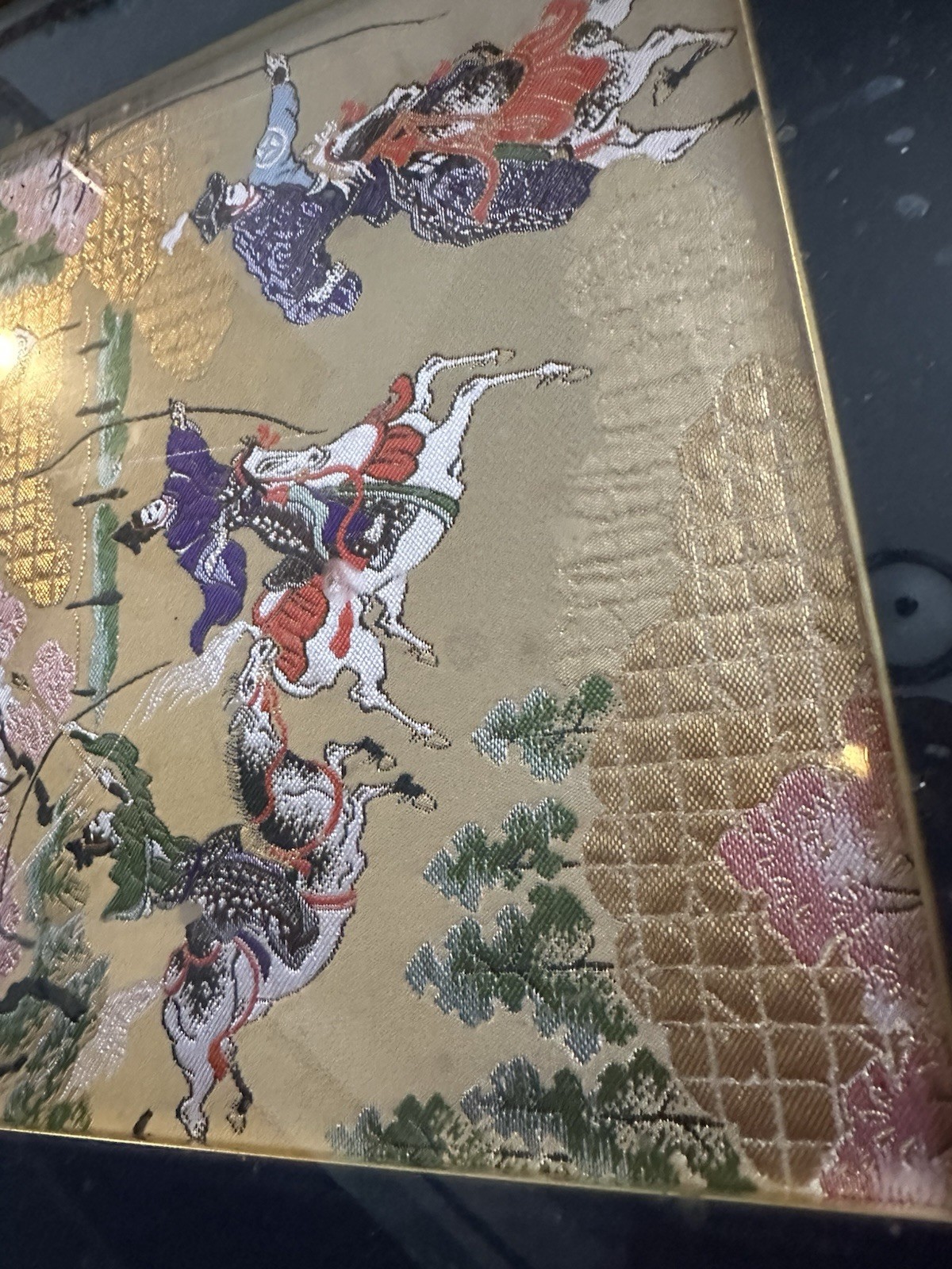 Japanese Silk Tapestry Framed Art Horse Men Landscape Traditional Japan