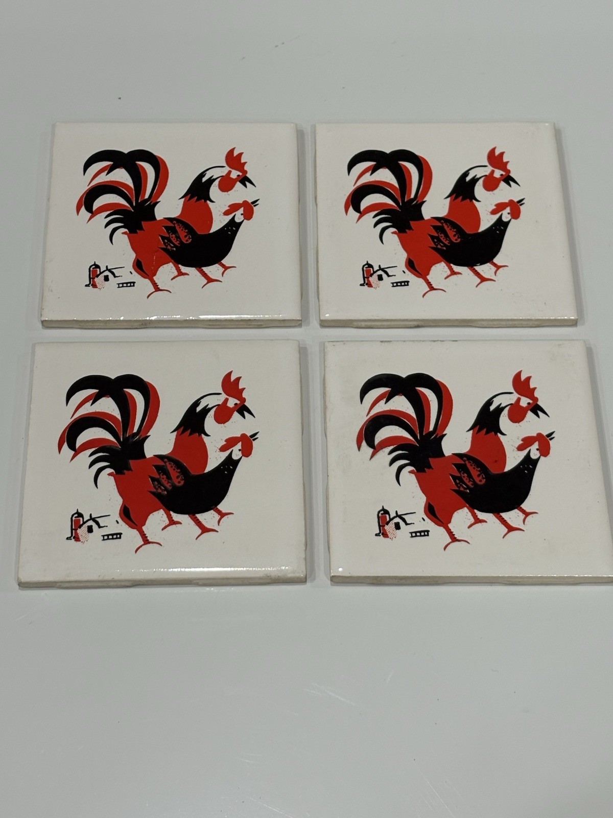 Vtg Rooster Hen 1950s Red Art Wall Tiles Kitchen Farmhouse Country Decor 4x4