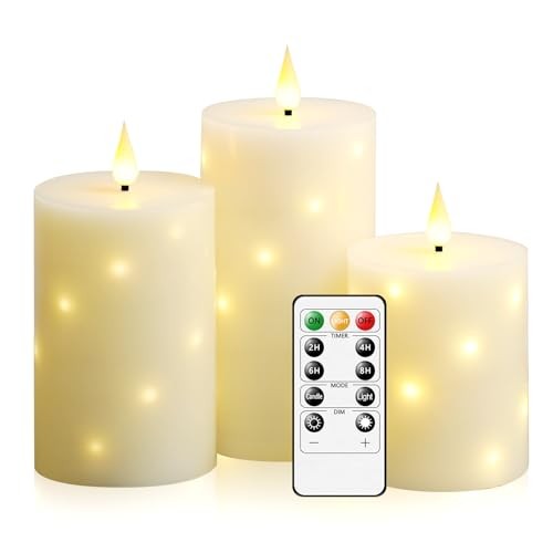 Flameless Candles with Embedded Star String, Real Wax Battery Operated Ivory