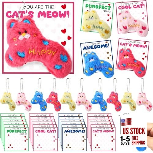  24 Pack Cat Party Favors Cute Plush Cat Keychains with Funny Cards for 