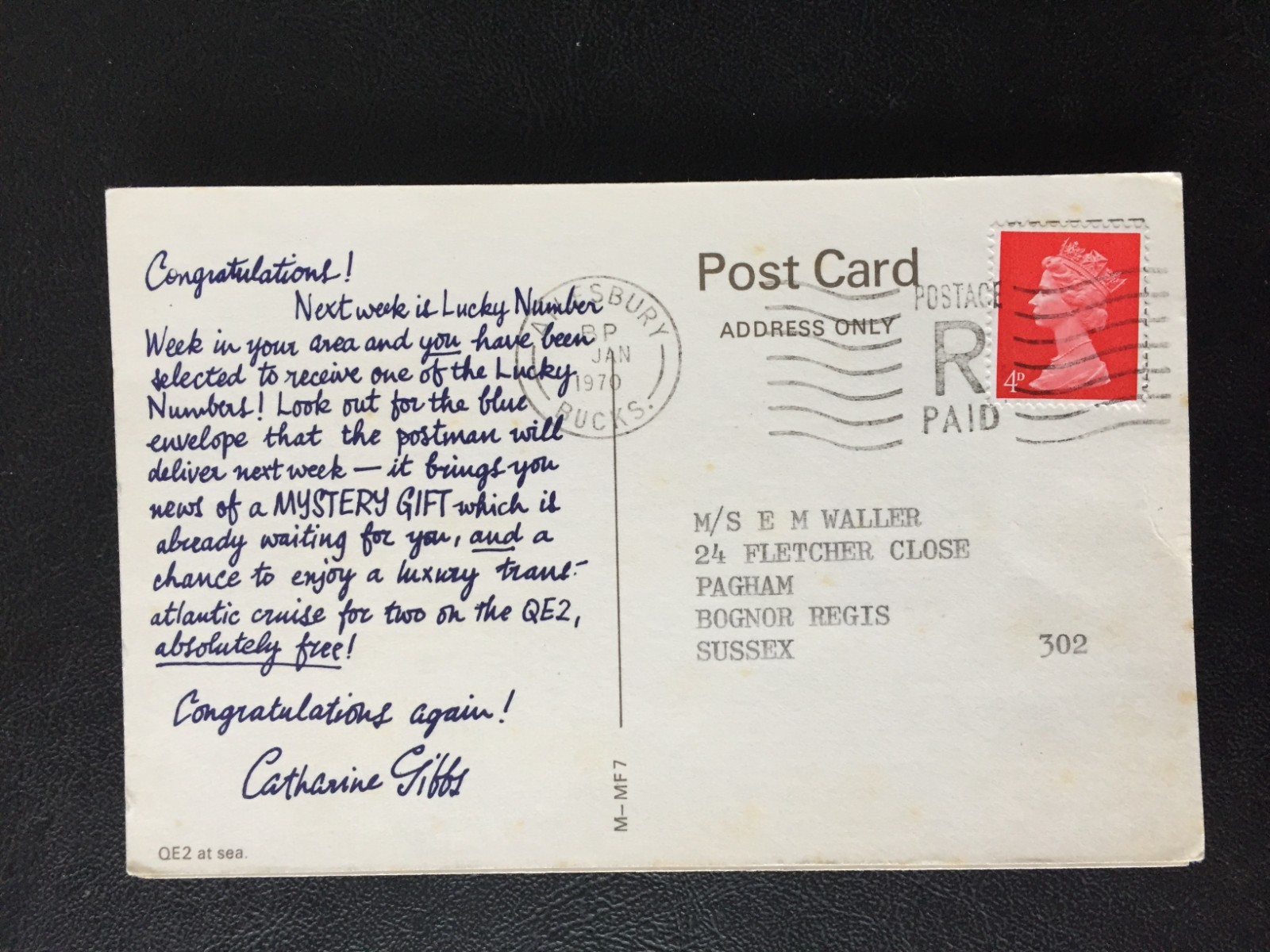 GB 1970 "POSTAGE/R/PAID" POSTMARK ON 4d FRANKED QE2 (LINER) POSTCARD TO SUSSEX