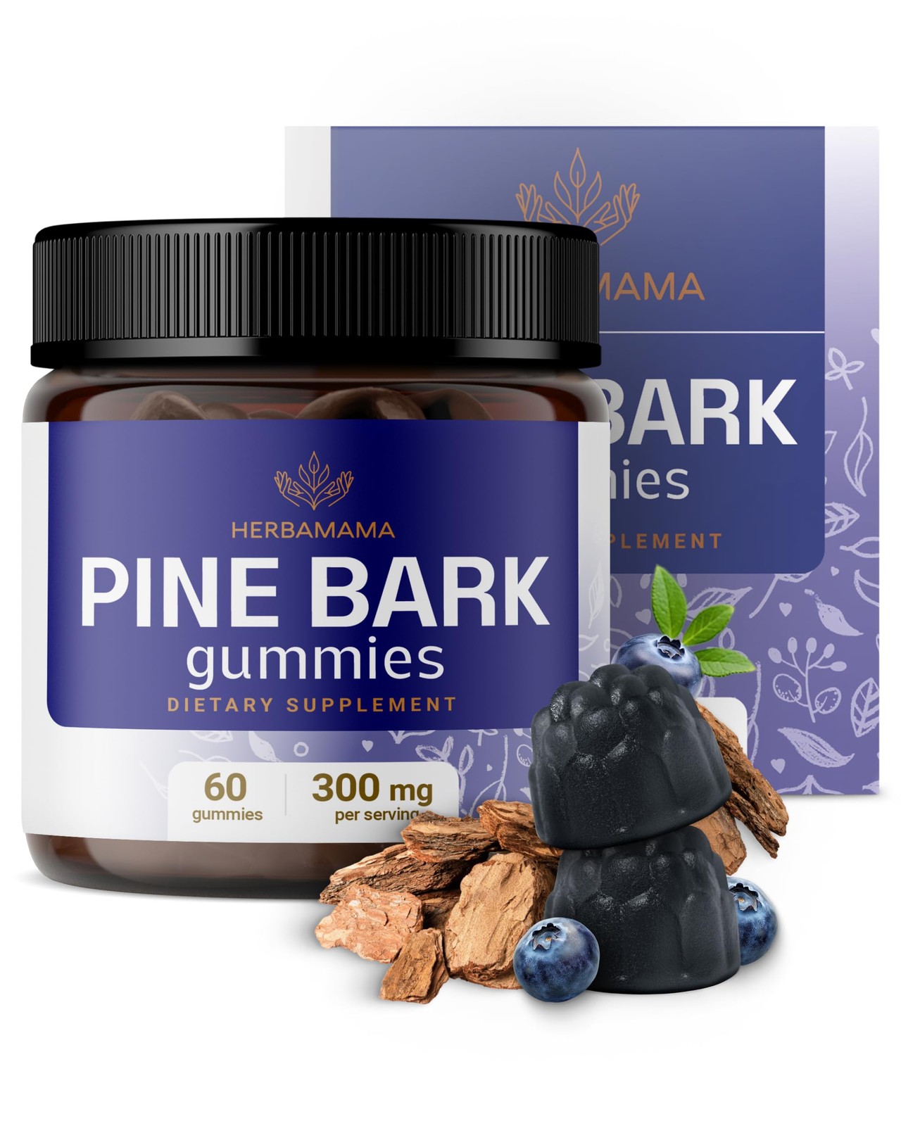 HERBAMAMA Pine Bark Extract Gummies  300mg French Maritime Pine Bark Tree for...