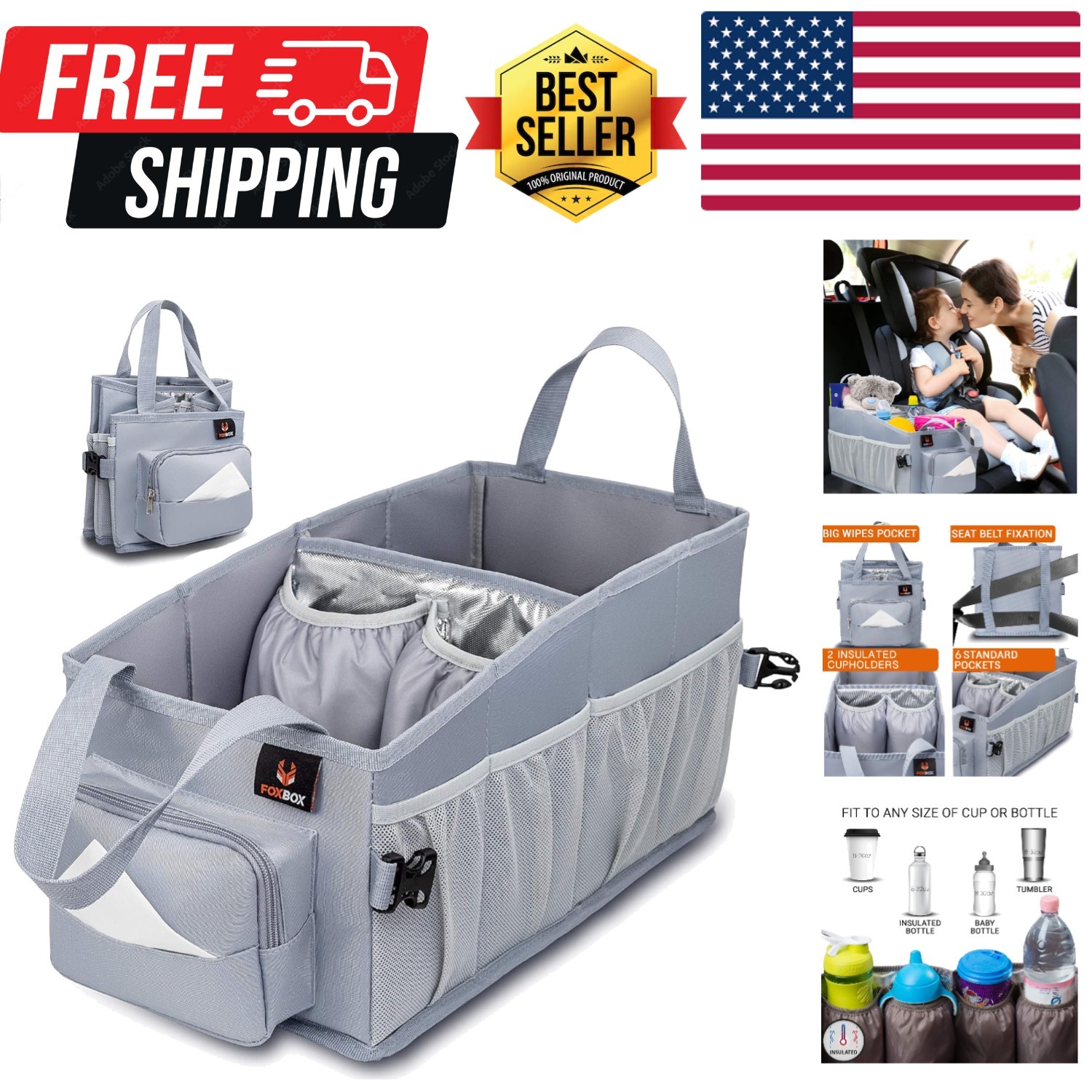 Easy-to- Kids Car Organizer with Tissue Box and Cup Holder for Back Seat, Fro...