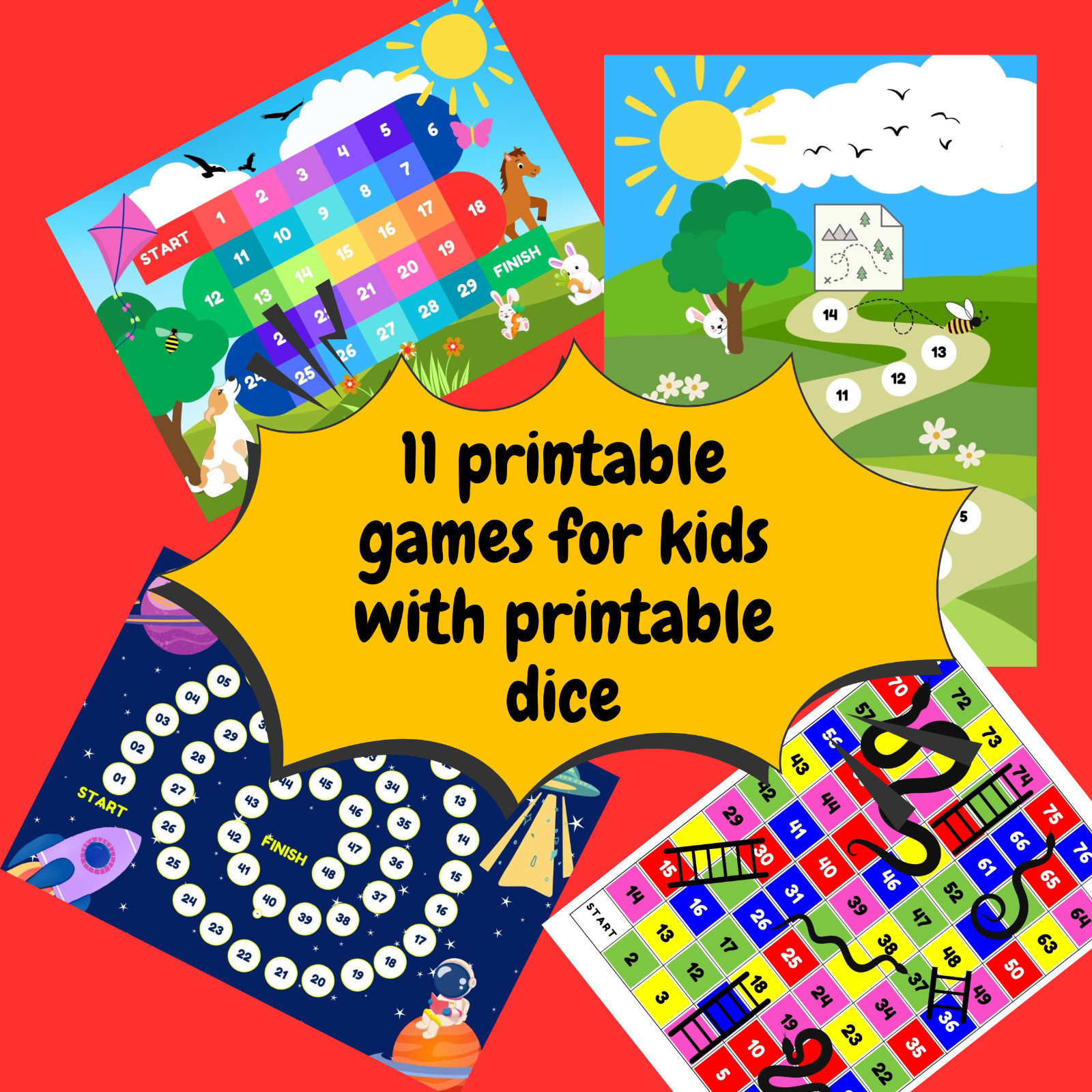 11 Printable Games for Kids with Printable Dice - 24H Delivery A4 size