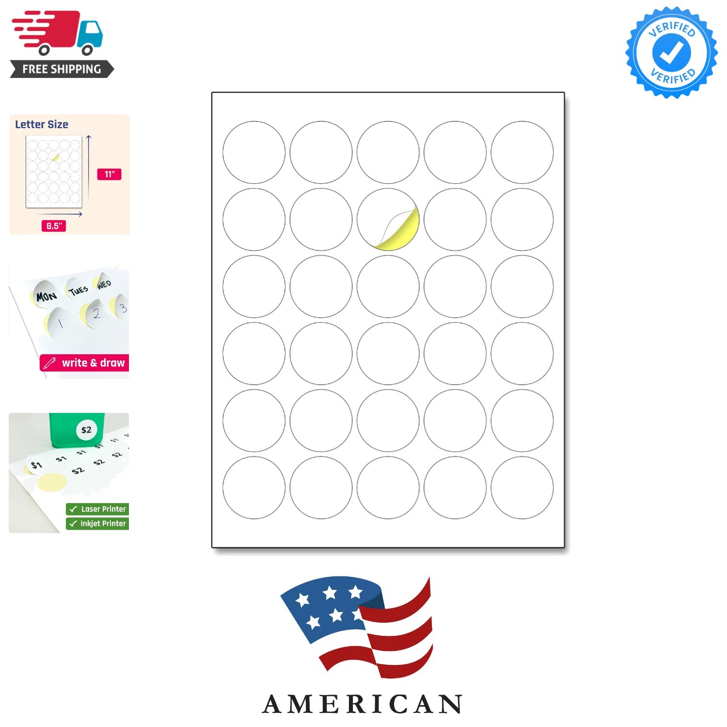 1.5" Round Matte White Sticker Label, Laser/Inkjet Printing - Letter Size, 30...