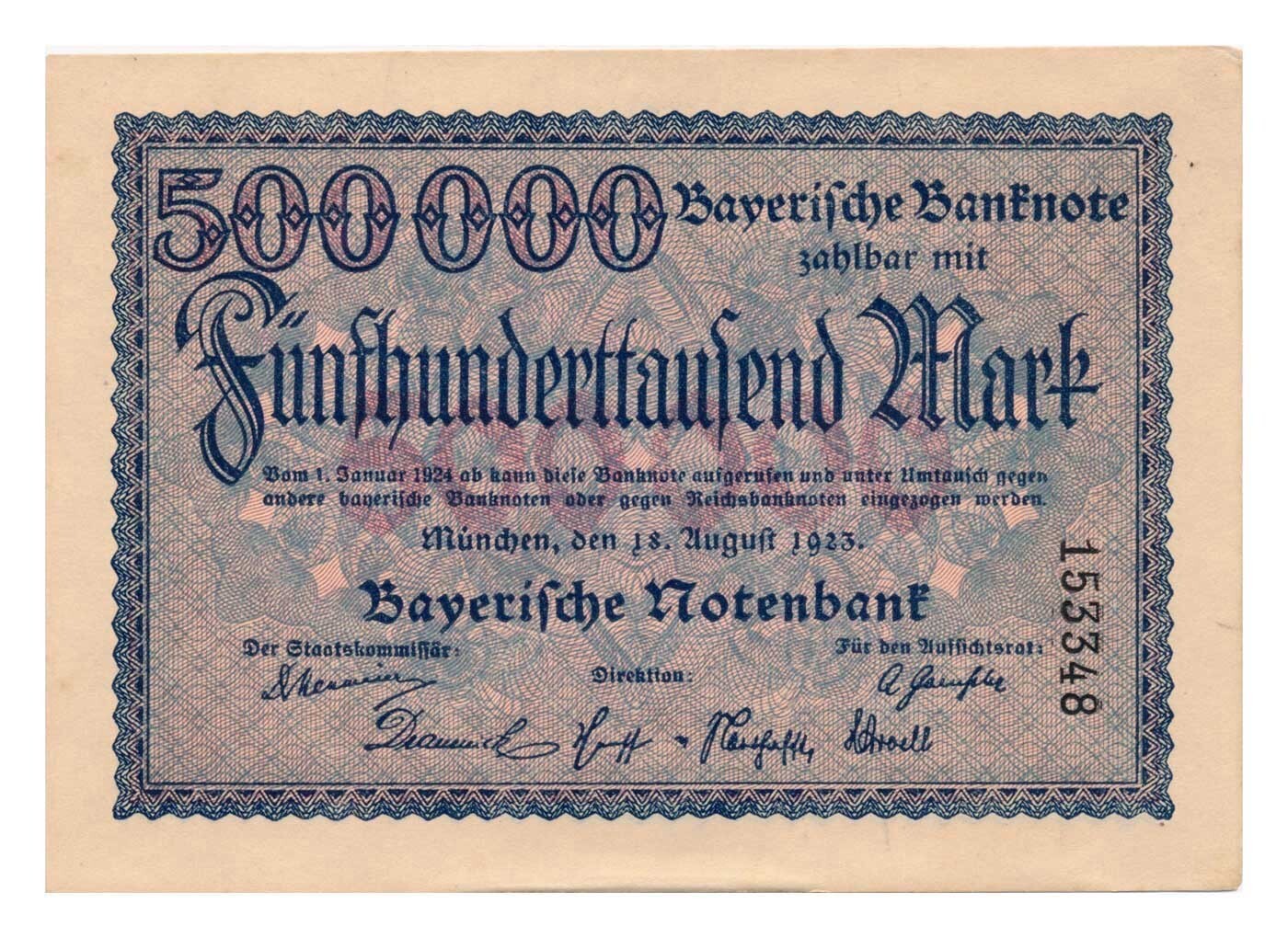 GERMAN STATES (BAVARIA) banknote 500.000 Mark 18.8.1923. aUNC About Uncirculated