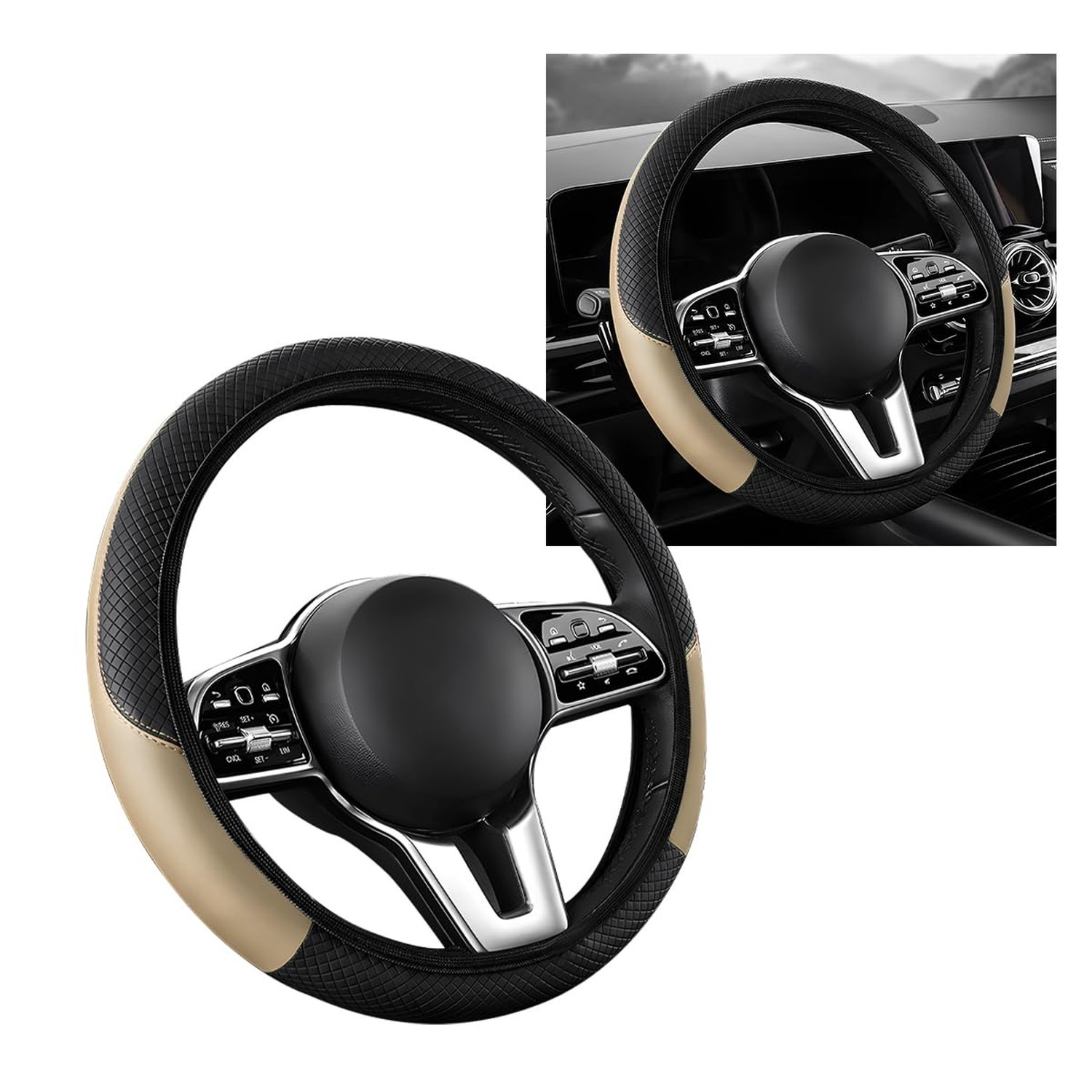 Car Steering Wheel Cover, 15 Inch Leather Stitching Elastic Anti-Slip Steerin...