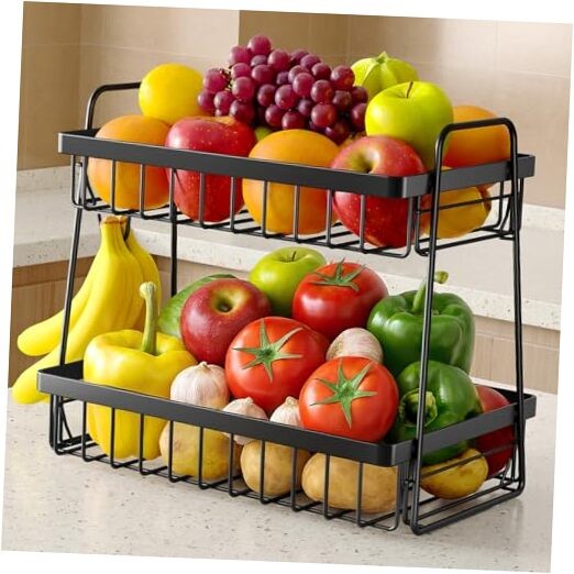 Fruit Basket for Kitchen Counter - 2-Tier Fruit Bowl with 2T Large Black