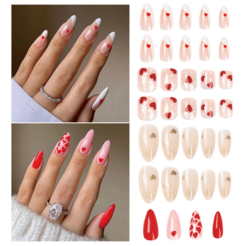 24Pcs French Heart False Nail Short Square Press on Nails Nail Art Valentine Day