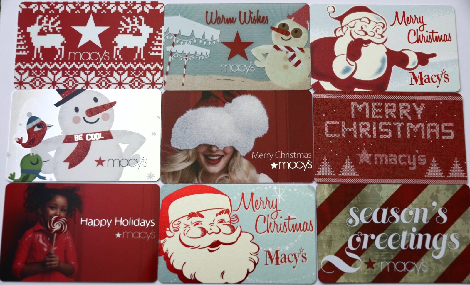 9 Macy`s Christmas Department Store Gift Cards Santa Snowman Collectible Lot Set
