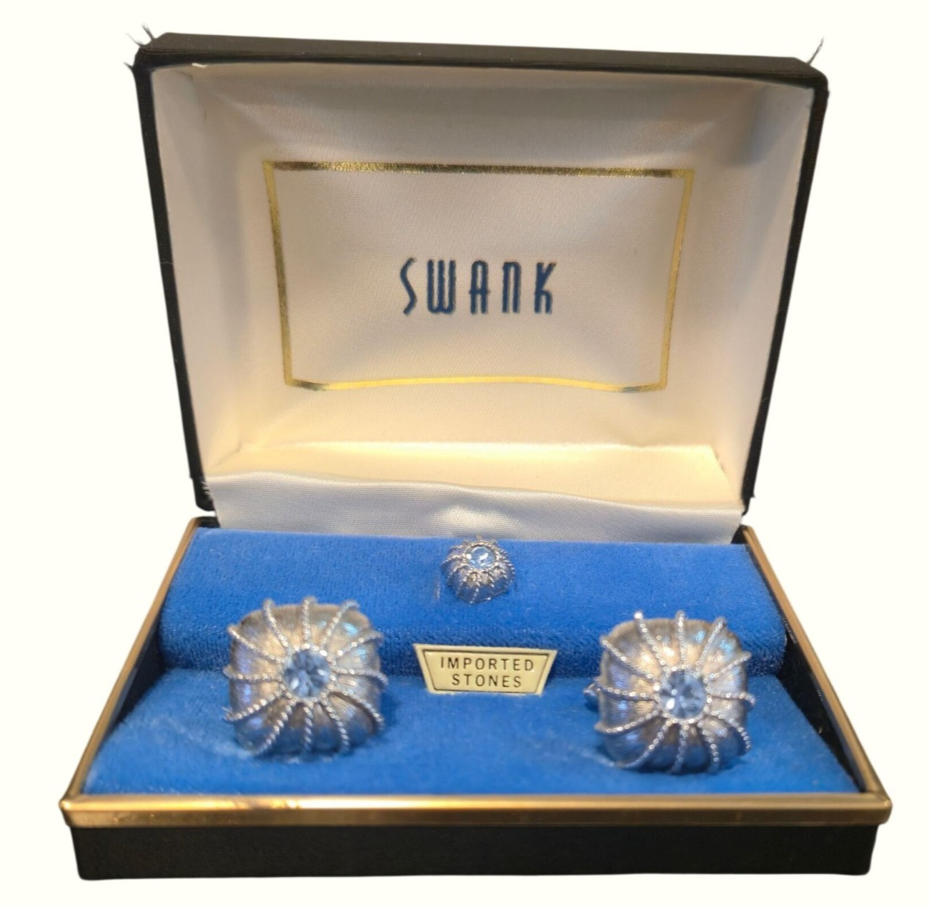 Vintage Swank Blue imported stone cufflink & tie pin NOS Dad Gift mens jewelry