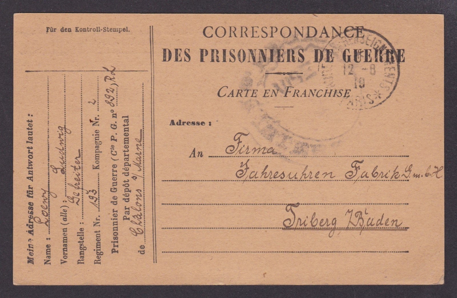 FRANCE 1919, POW postcard to Iniberg, Censored, WWI, Prisoners of war