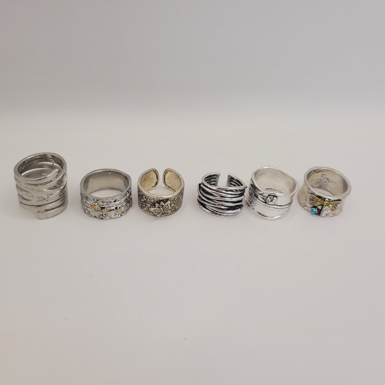 Lot Bundle of 6 Silver Tone Wide Rings - Butterfly Dragonfly Overlapping Bands