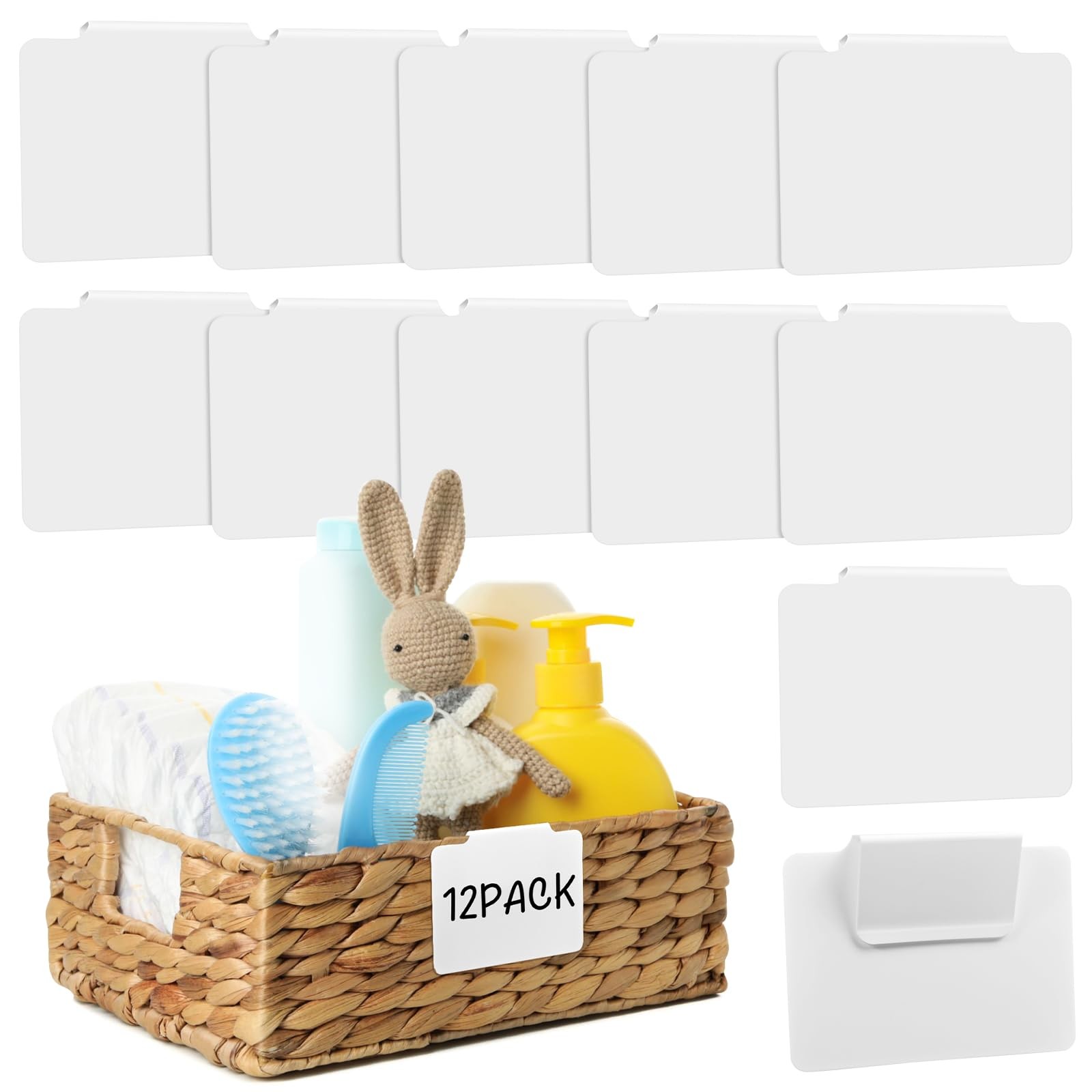 12pcs White Basket Labels Clip On for Storage Bins, 3.5 x 2.7 inches, 