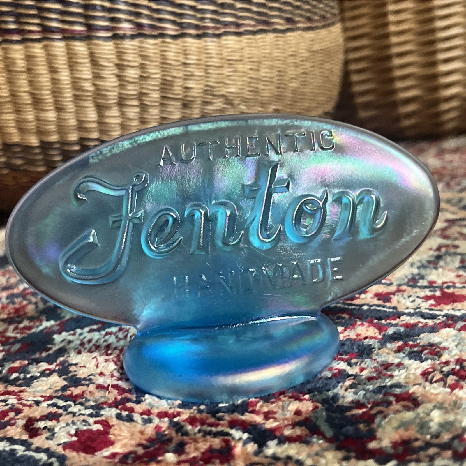Fenton Art Glass Blue Iridized Oval Dealer Logo Display Sign w/ sticker