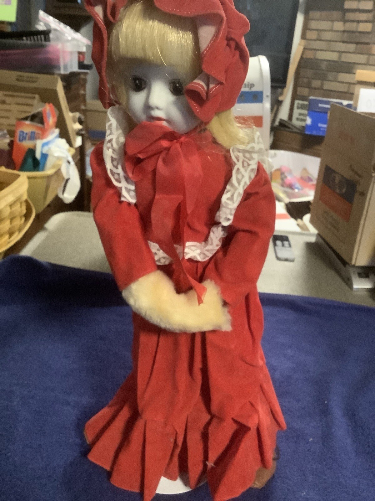 Vintage Porcelain Head Girl Doll In Red Dress Blonde With Bonnet 17 Inches