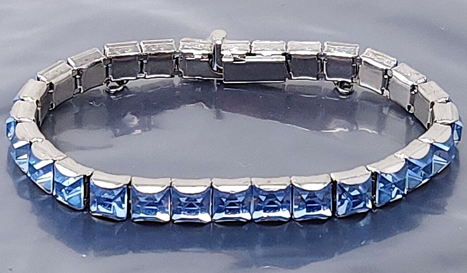 Vintage Czech Bohemian Blue Rhinestone Silver tone Cocktail Bracelet 7"