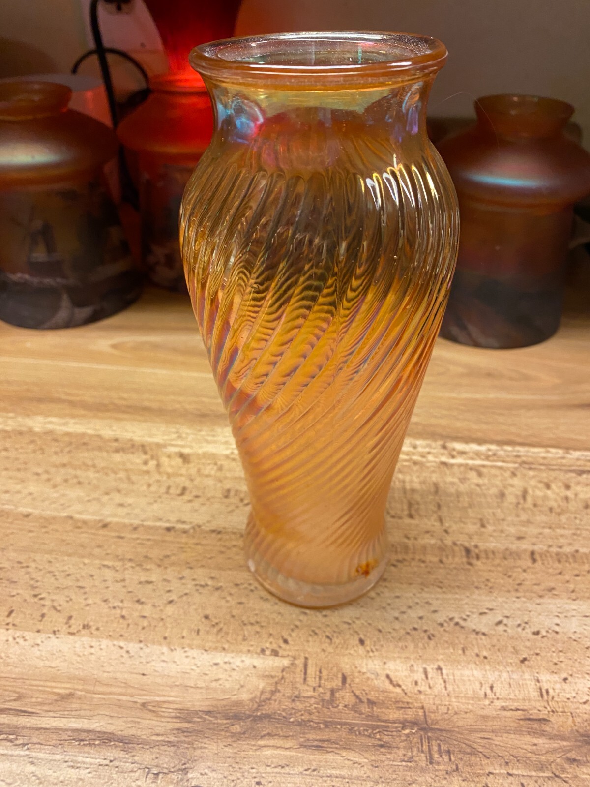 Vintage Orange Carnival Glass Vase 7 1/2”