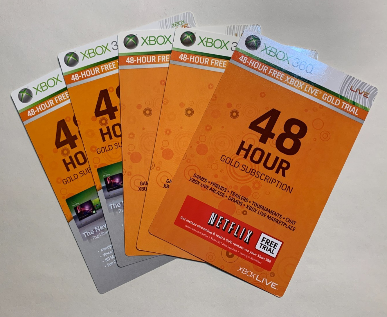 Lot of 5 Xbox 360 48 Hour Free Gold Trial Gift Cards Netflix Microsoft unused
