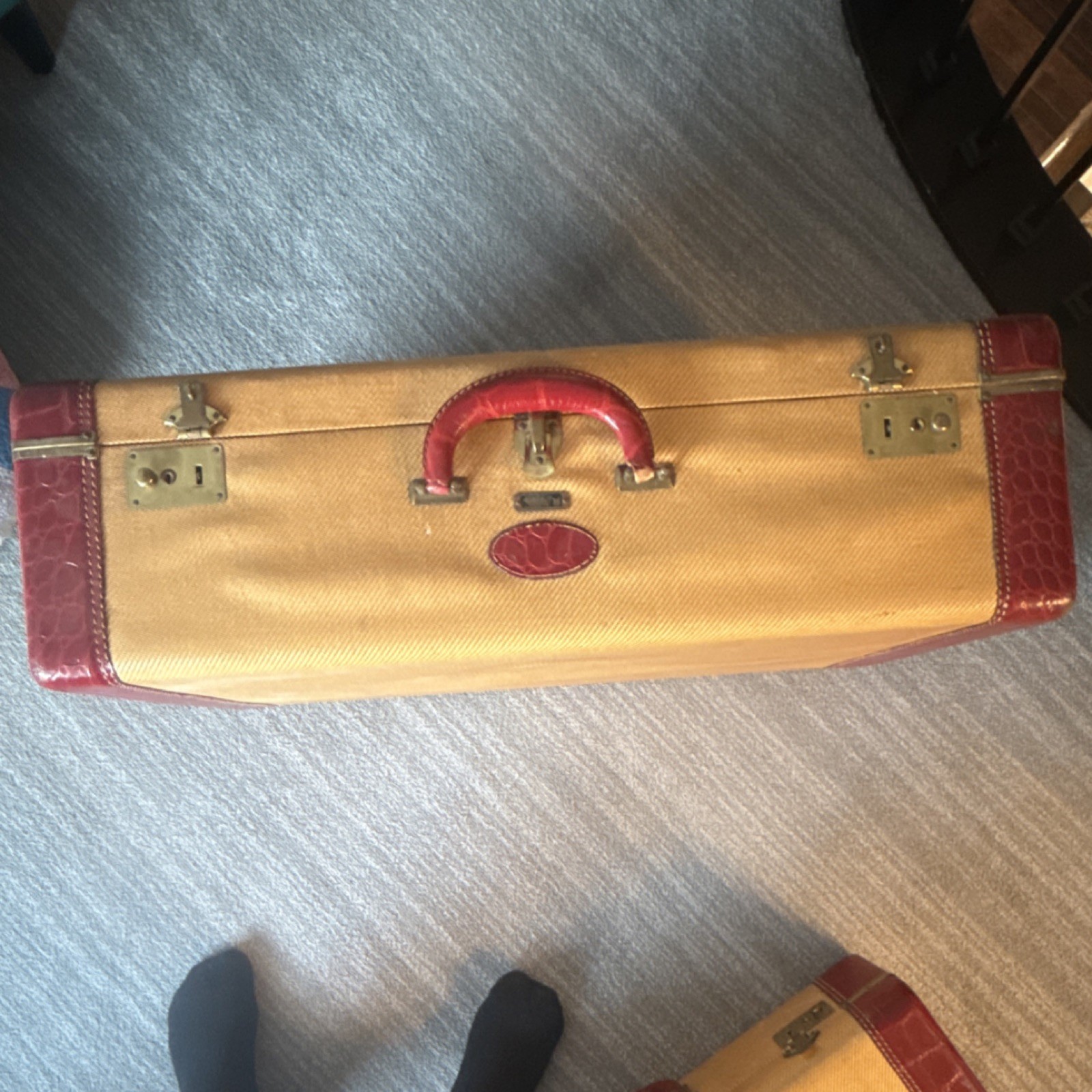 Wings United Vintage Hard Suitcase Beige Red Canvas Leather Locking Compartments