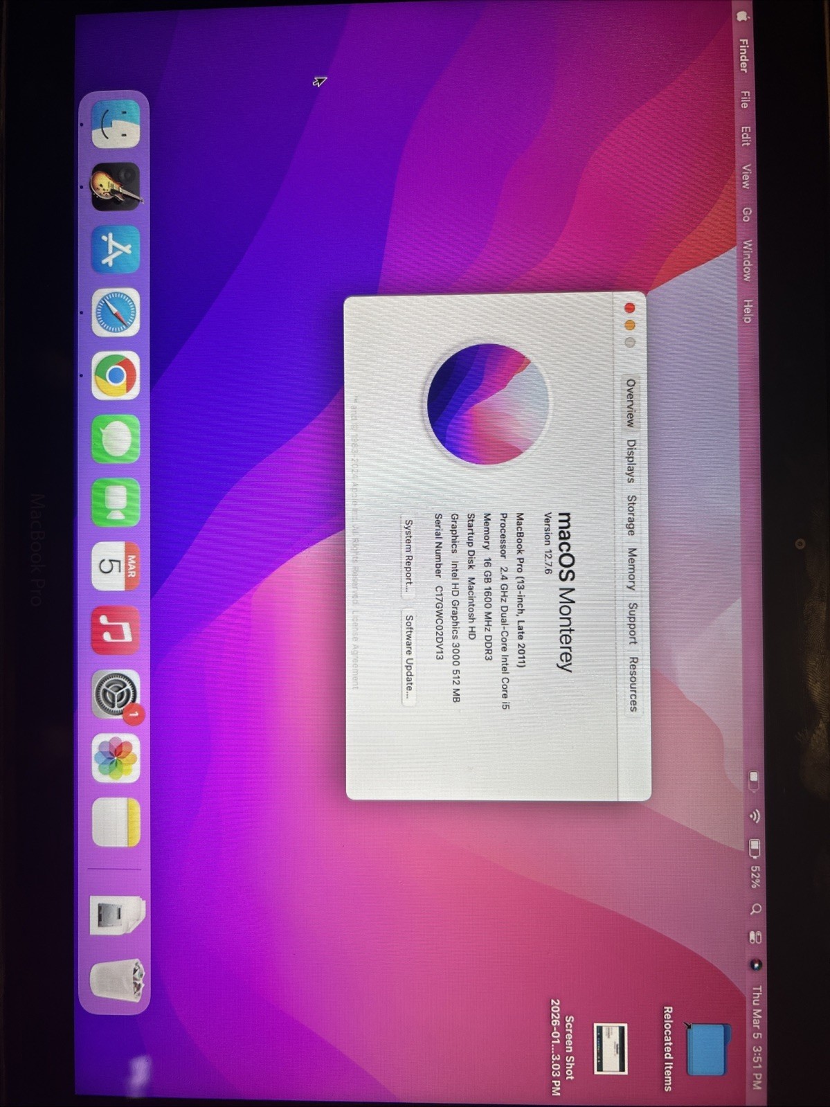 2011 13in MacBook Pro 2.4Ghz i5 | 16GB | 250 GB SATA SSD | Monterey | 91% Health