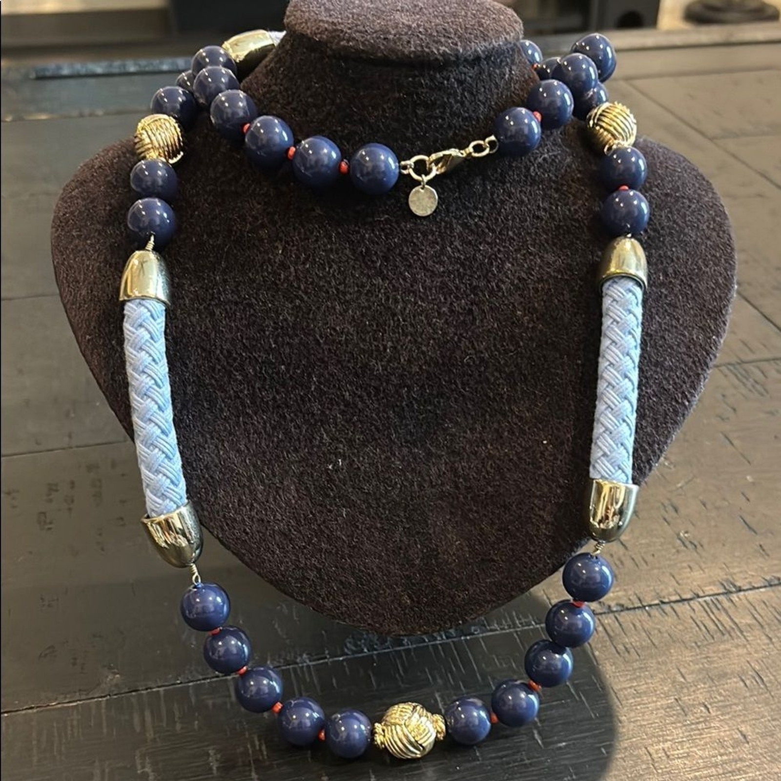 Talbots Chunky Blue Rope Beaded Gold Tone Long Boho Necklace